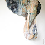 African Elephant Head - Carved Wooden Decorative Sculpture Art Tusk