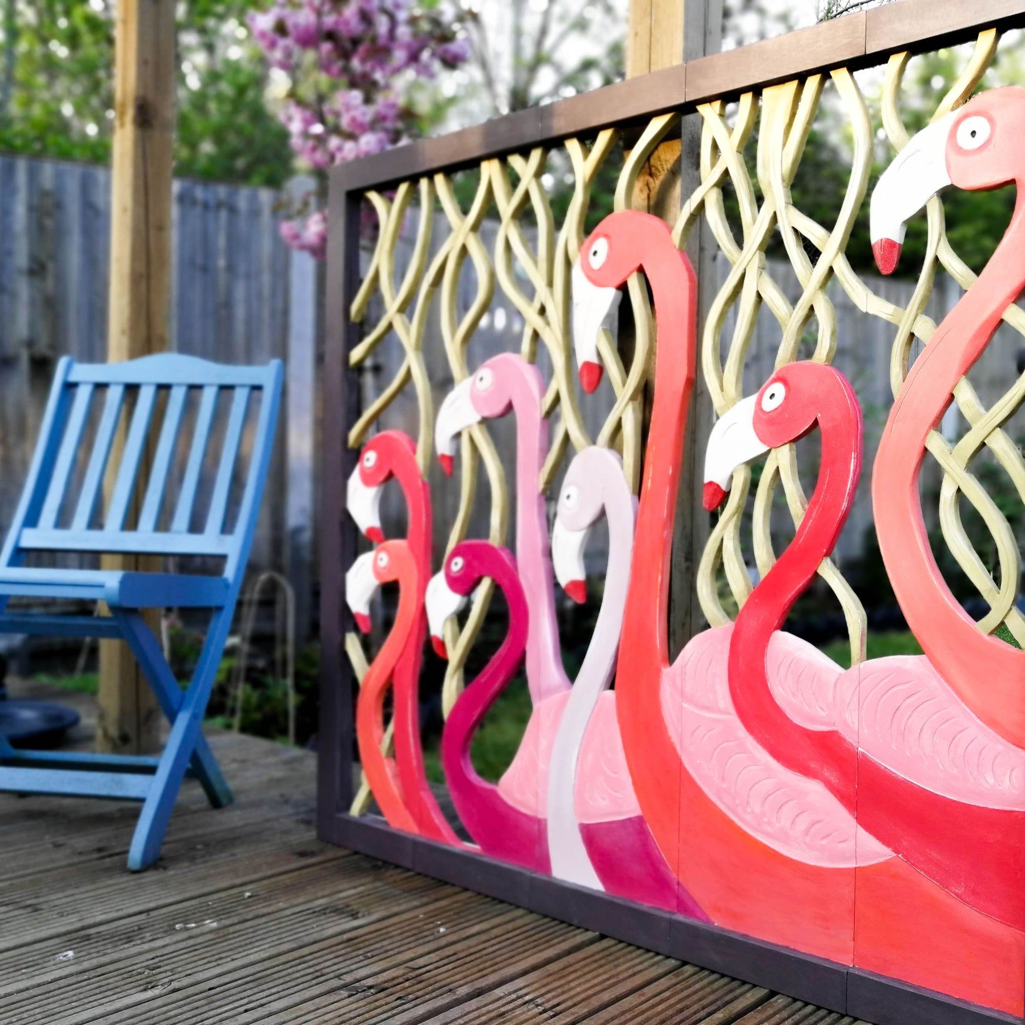 Carved Painted Wooden Wall Art - Large Headboard Decorative Flamingos