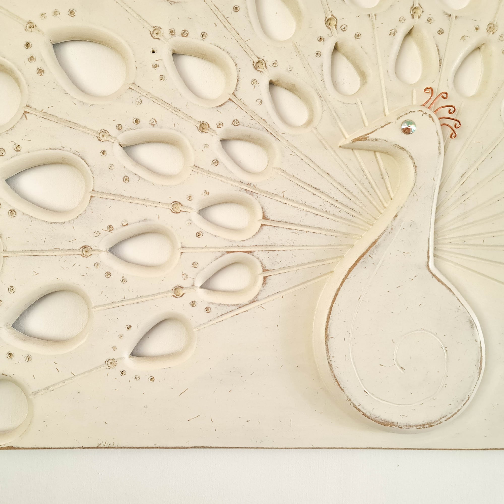 Peacock Hand Carved Wooden Decorative Sculpture Wall Art Distressed White Headboard Shabby Chic
