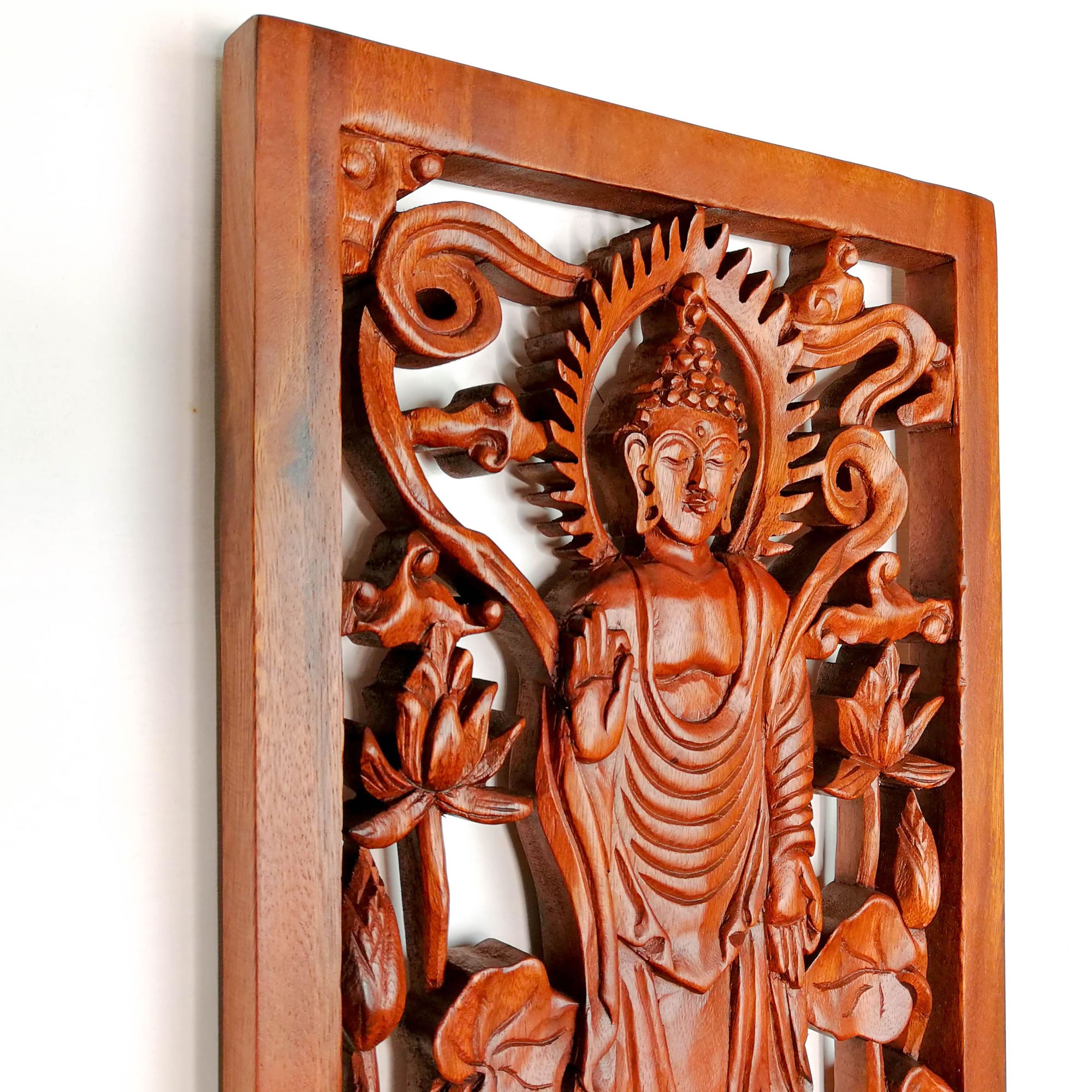 Hand Carved Wooden Wall Art Decorative Standing Buddha Peace Yoga Meditation