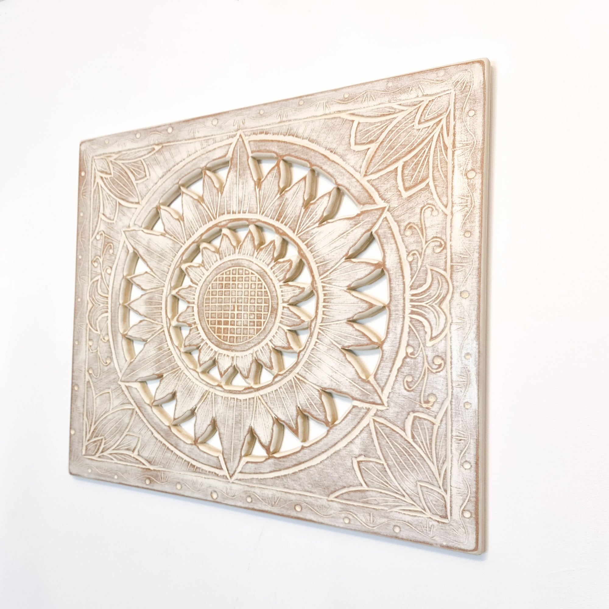 Carved Wooden Wall Art - Decorative Mandala Yoga Distressed Eco Panel Headboard Sculpture Easternada