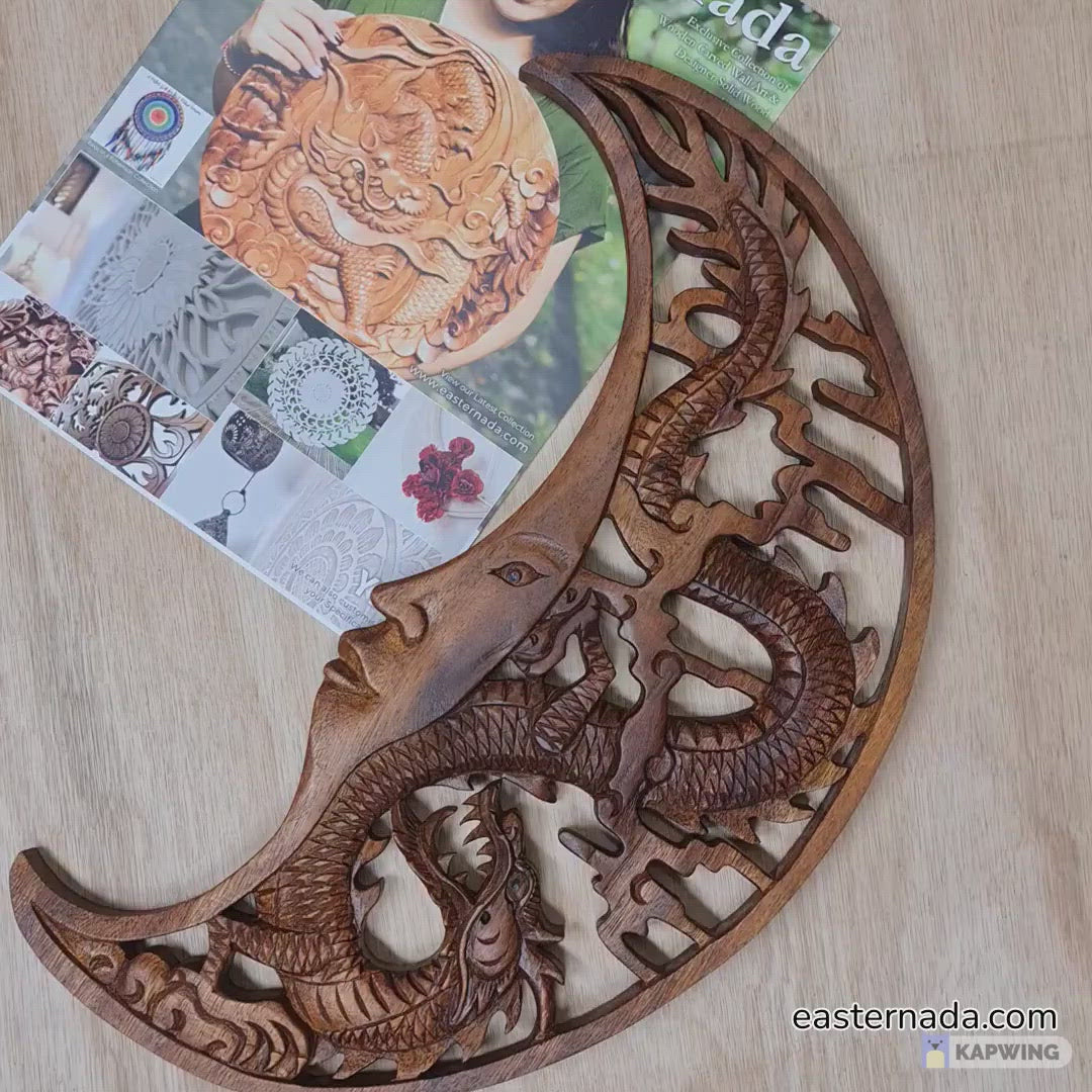 Tarot Astrologie Lune Dragon Sculpté À La Main En Bois Sculpture Décorative Art