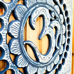 Handmade Carved Wooden Decorative Wall Art Hanging Buddha OM Mantra Distressed Rustic Indigo Blue