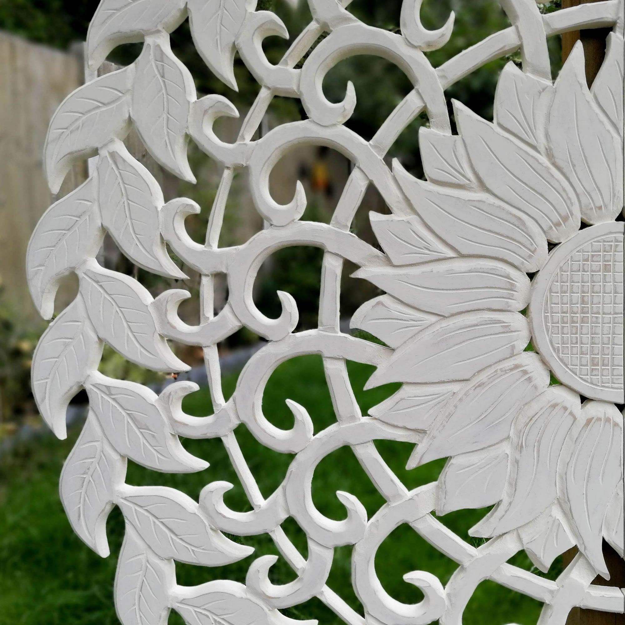 Carved Wooden Wall Art - Large Decorative Mandala Nature Eco Panel Headboard Sculpture 48" inches Round Distressed Shabby Chic White