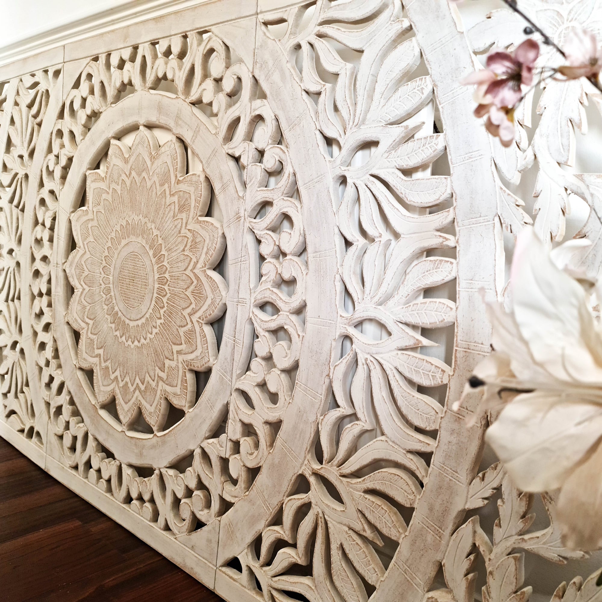 Hand Carved Wooden Wall Art - Headboard Decorative Large King Mandala Distressed White Bohemian Boho Style Sgabby Chic