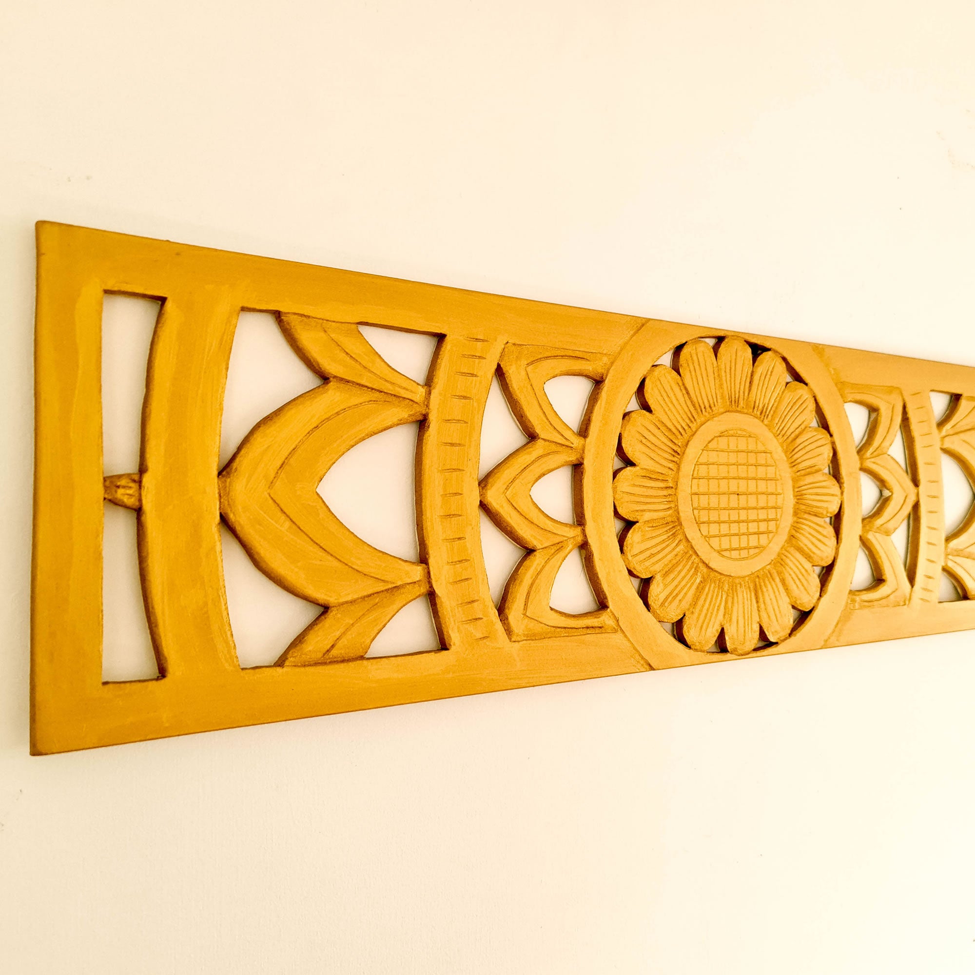 Carved Wooden Decorative Long Panel Art Sculpture Gold Mandala Headboard. Hand crafted by skilled craftsmen this piece is unique and simply amazing
