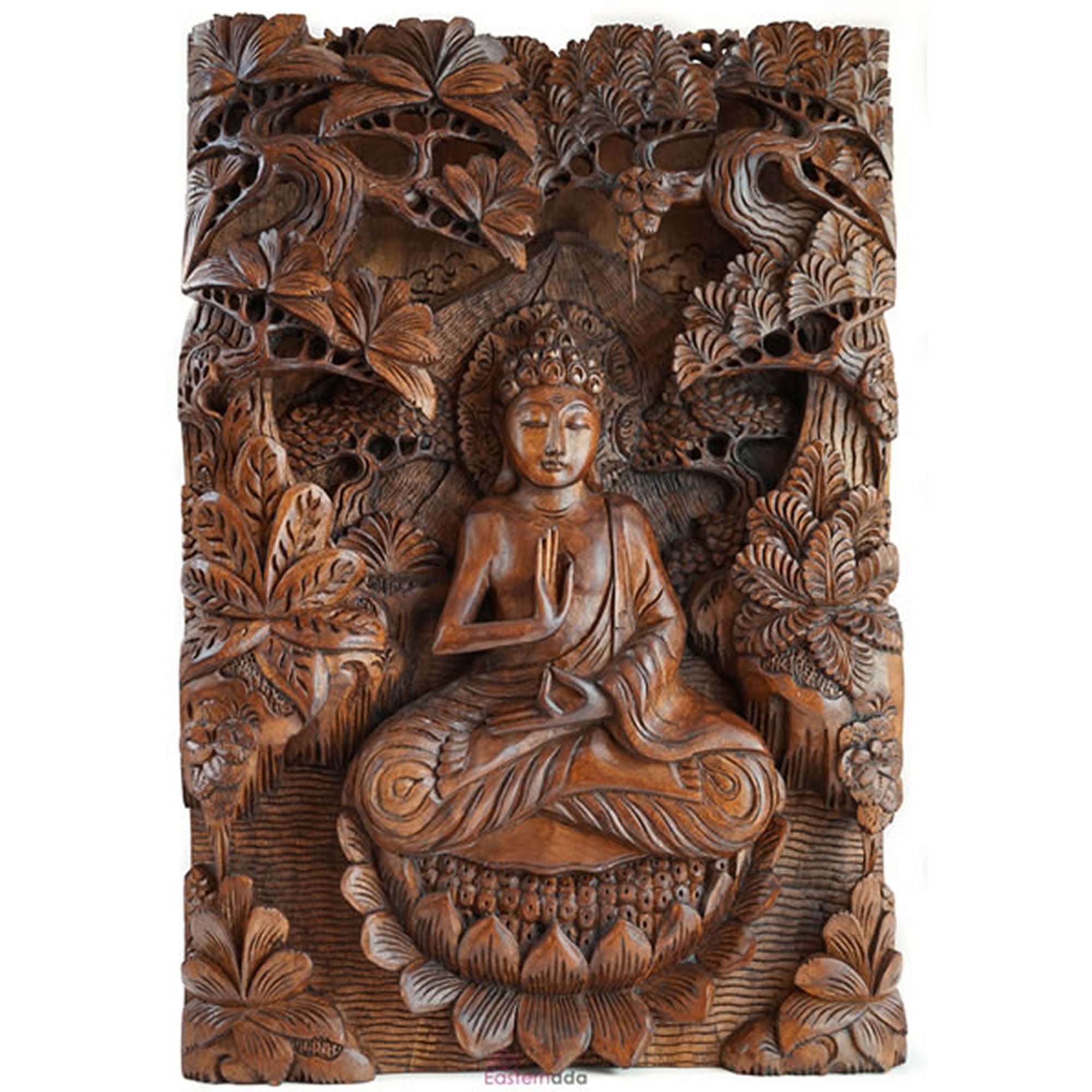 Buddha in Peace Carved Wooden Decorative Panel Sculpture Art - Easternada