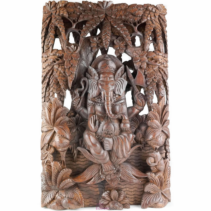 Divine Ganesha Carved Wooden Decorative Hindu God Sculpture Art Panel- Easternada