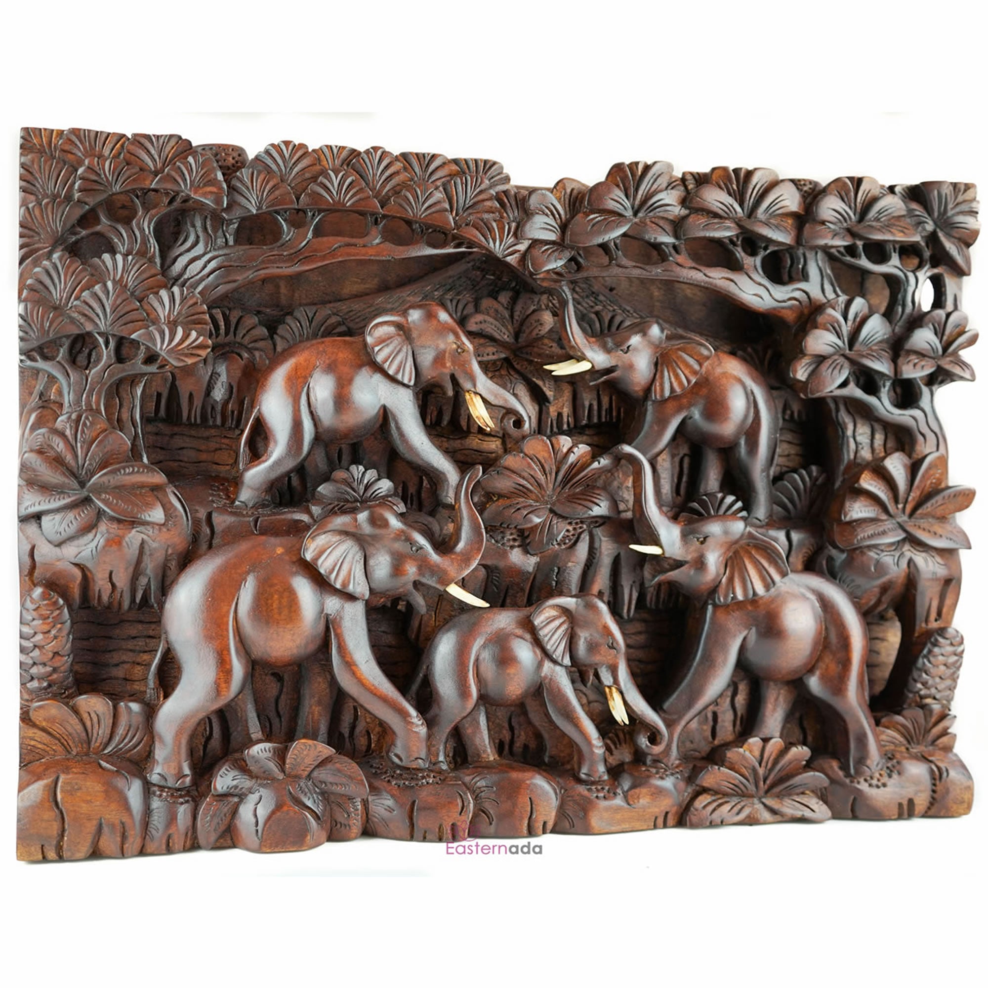 Wild Elephants Carved Wooden Decorative Panel - Easternada