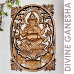 Divine Ganesha Hindu Indian God Wood Carved Panel Art Sculpture Peace Yoga Decor