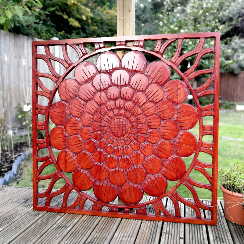 Carved Wooden Wall Art - Large Decorative Deep Mahogany Lotus Nature Eco Panel Headboard Sculpture 46 x 39.5 inches