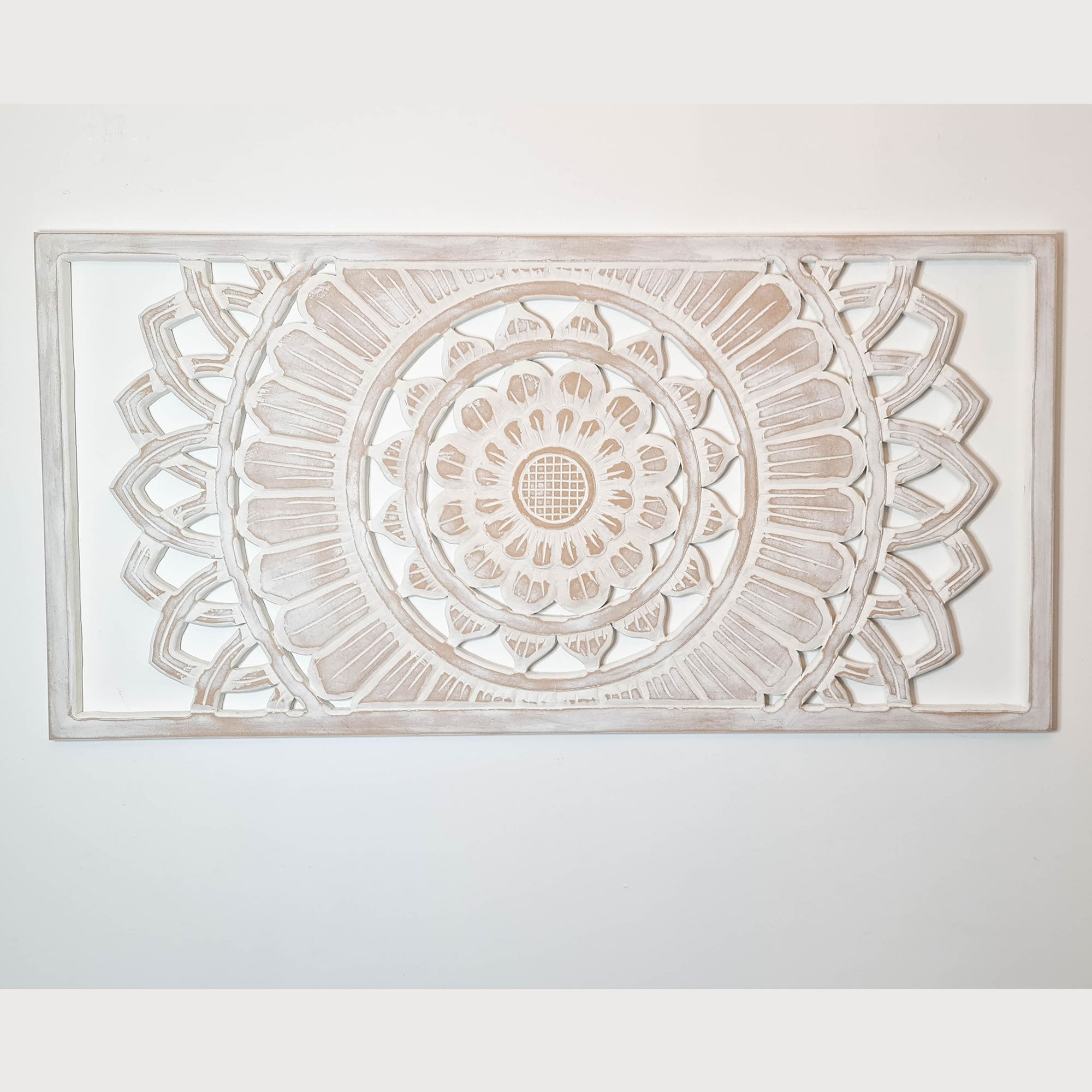Hand Carved Painted Wooden Wall Art - Large Headboard Decorative Mandala Yoga Panel
